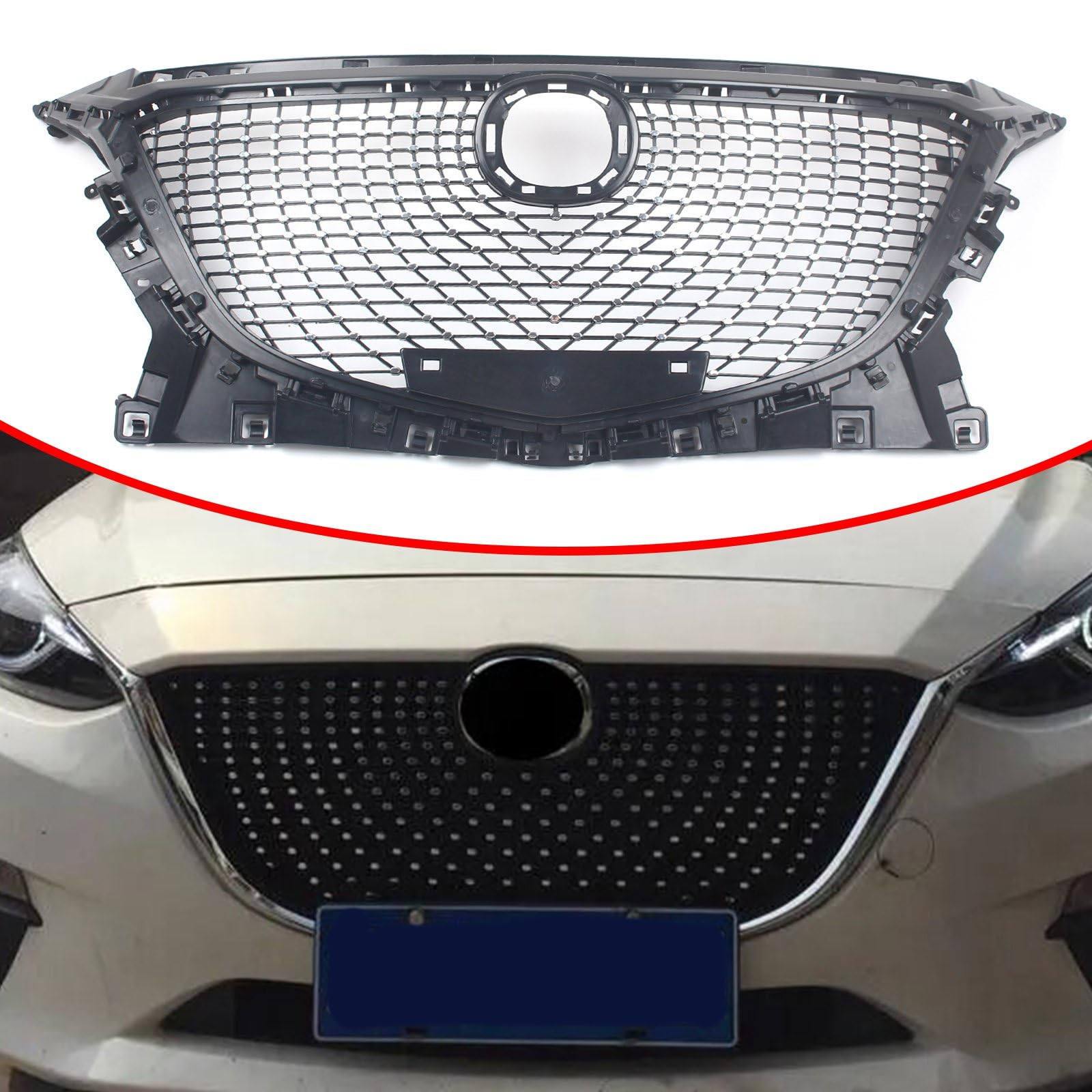 FINMOKAL Frontgrill im Diamant-Stil, mittlere Frontstoßstange, obere Motorhaube, Netzgitter, kompatibel mit Mazda 3 Axela 4-Türer Limousine 2014 2015 2016 von FINMOKAL