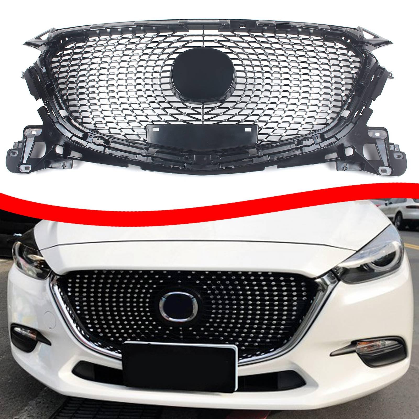 FINMOKAL Frontstoßstange Oberer Kühlergrill Fronthaube Mesh Grill Diamond Style Kompatibel mit Mazda 3 Axela 2017 2018 2019 von FINMOKAL