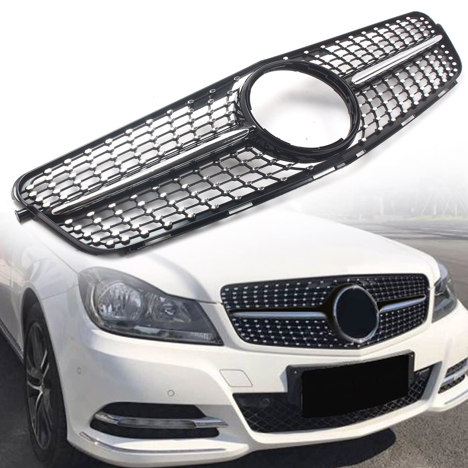 FINMOKAL Für Mercedes-Benz W204 C200 C300 2007-2014 Black Diamond Style Frontgrill Grill von FINMOKAL