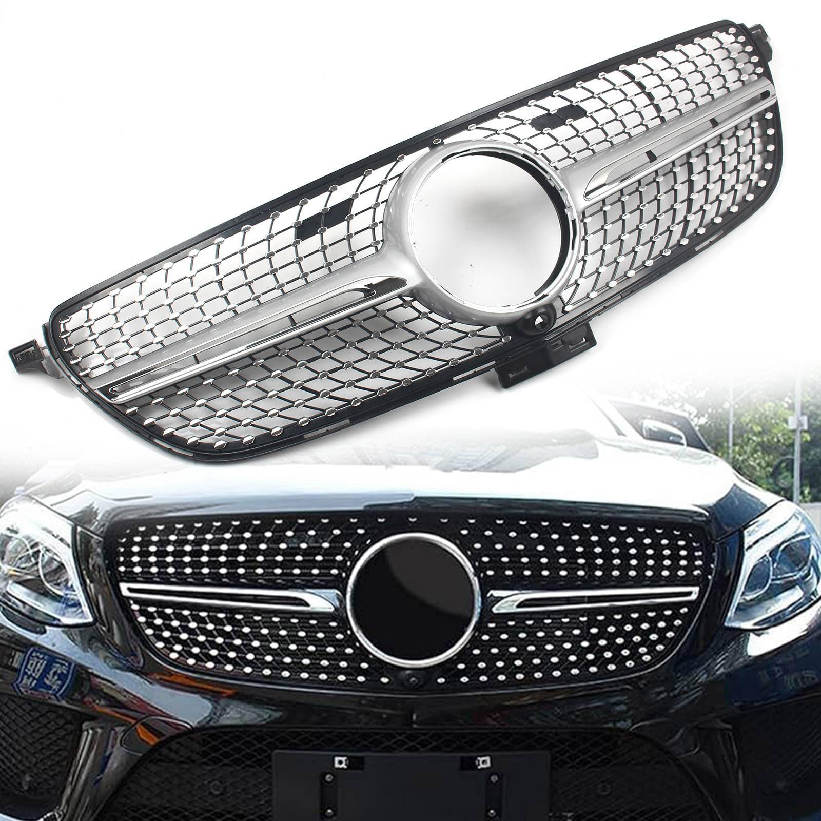 FINMOKAL Kühlergrill für die Frontstoßstange, kompatibel mit Benz GLE Coupé C292 W292 2016–2019, Diamant-Stil, Chrom + Silber von FINMOKAL