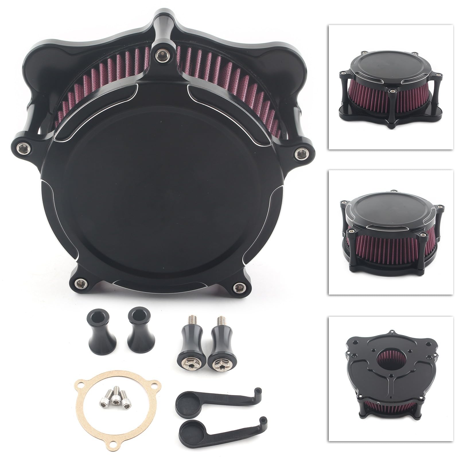 FINMOKAL Luftreiniger Ansaugfilter Kit Kompatibel mit Harley Dyna Softail Touring Electra Street Glide Road King Trike 2008-2016 (Black Chrome - Red Filter) von FINMOKAL