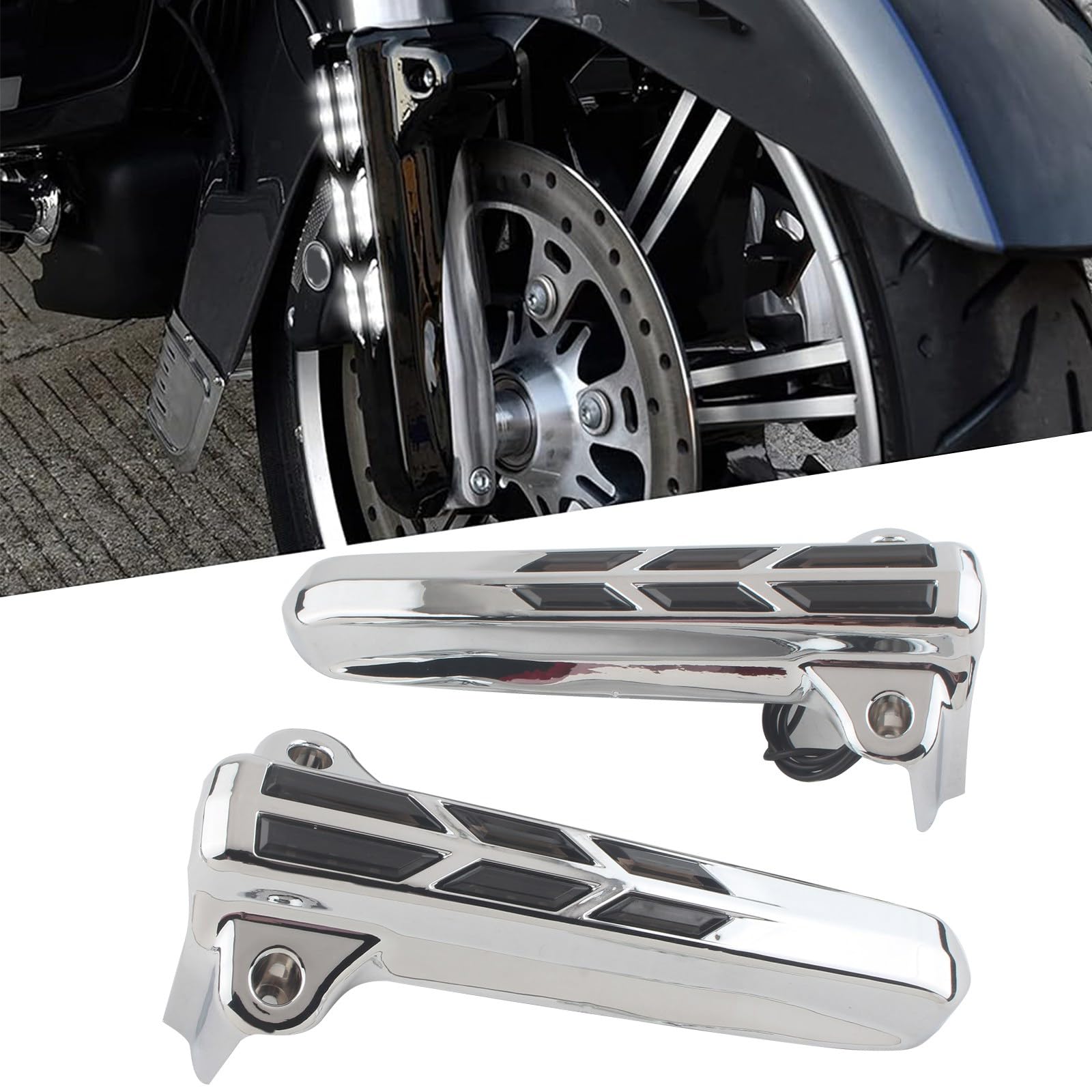 FINMOKAL Motorrad Chrom Vorne Untere Gabelbeinabdeckungen LED Smoke Light Kompatibel mit Harley Touring Electra Glide Street Glide Road King FLHT FLHX FLHR 2014-2019 von FINMOKAL