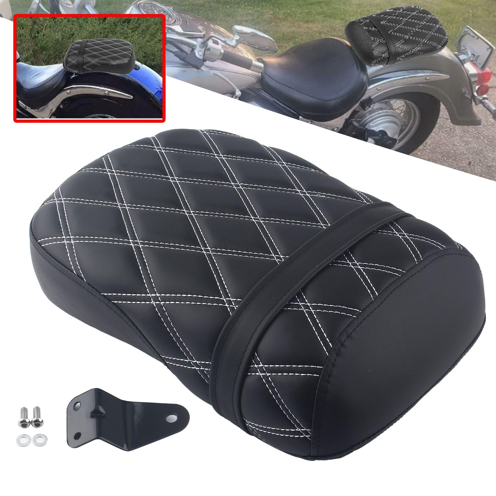 FINMOKAL Motorrad Rücksitzkissen Beifahrersitzkissen kompatibel mit Suzuki Volusia 800 VL800 2001-2004 Boulevard C50 2004-2013, Weiß Doppelnaht von FINMOKAL