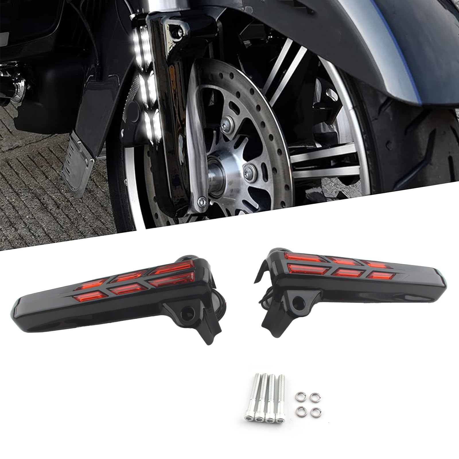 FINMOKAL Motorrad Schwarz Vorne Untere Gabelbeinabdeckungen LED Bernsteinfarbenes Licht Kompatibel mit Harley Touring Electra Glide Street Glide Road King FLHT FLHX FLHR 2014-2019 von FINMOKAL