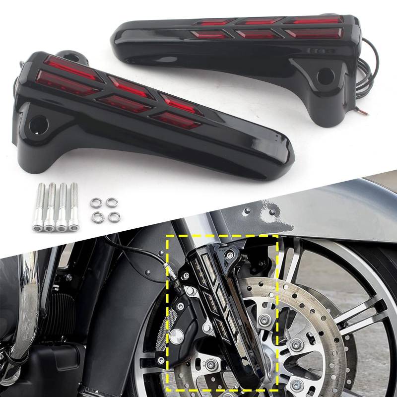 FINMOKAL Motorrad Schwarz Vorne Untere Gabelbeinabdeckungen LED Rotlicht Kompatibel mit Harley Touring Electra Glide Street Glide Road King FLHT FLHX FLHR 2014-2019 von FINMOKAL