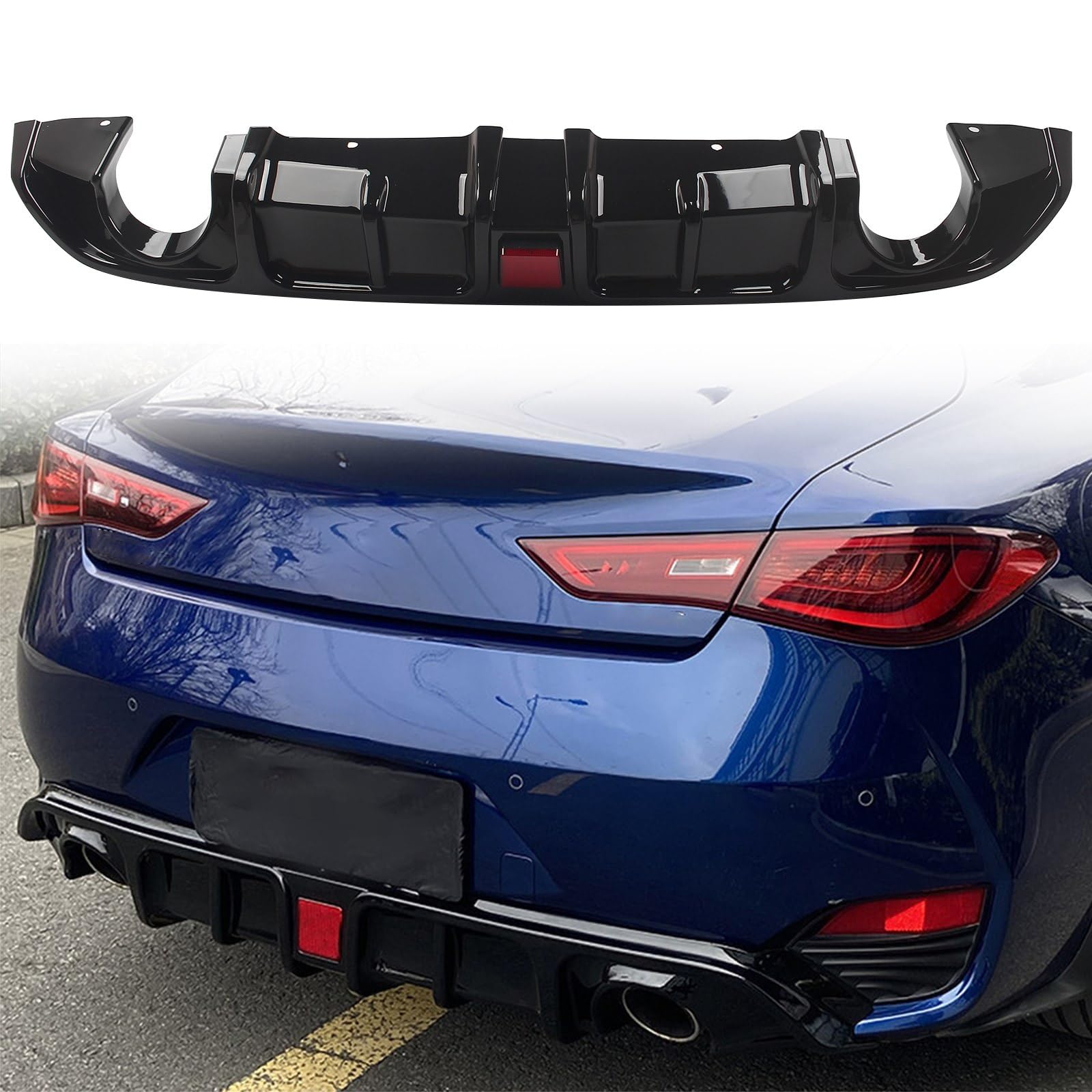 FINMOKAL Schwarz glänzender Heckstoßstangen-Diffusor Splitter Spoiler mit Brems-LED-Licht Kompatibel mit Infiniti Q60 2017-2022 von FINMOKAL