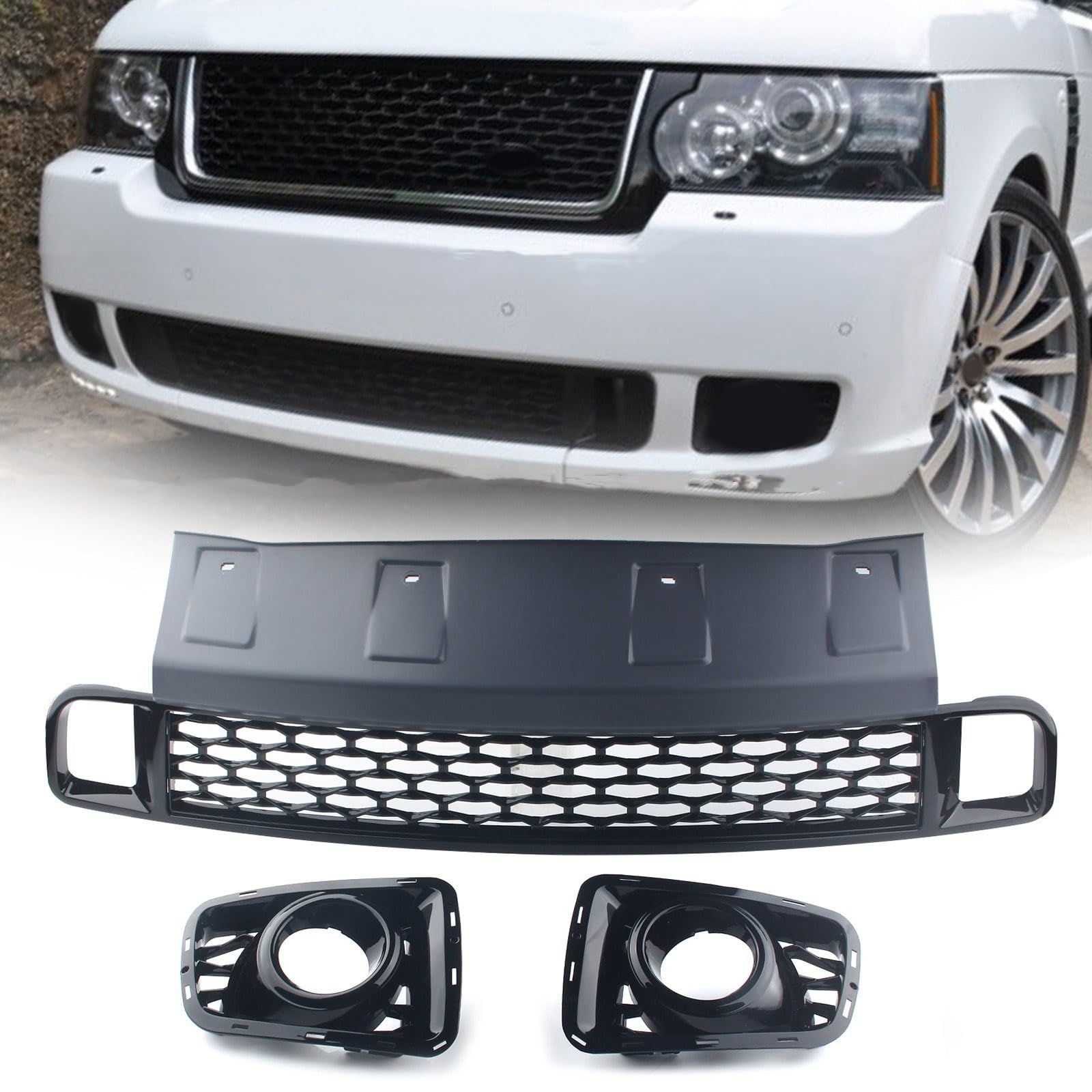 FINMOKAL Schwarze Frontstoßstangen-Kühlergrill-Abdeckung, kompatibel mit Range Rover L322 Autobiography (2010–2013) (nur für Autobiography) #LR026421/ #LR023778 von FINMOKAL