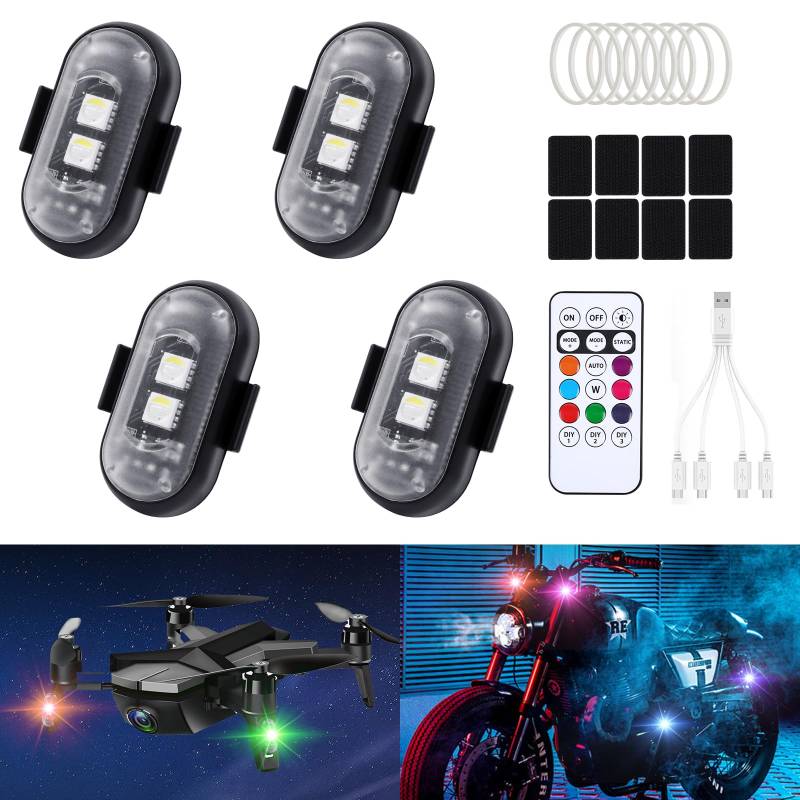 FIVAVA Kabellose LED Lichter,4 Stück LED Blitzlicht Auto 8 Farben,Flight Light mit Fernbedienung,WirelessLED Lights für Auto,Motorrad,Drohne von FIVAVA