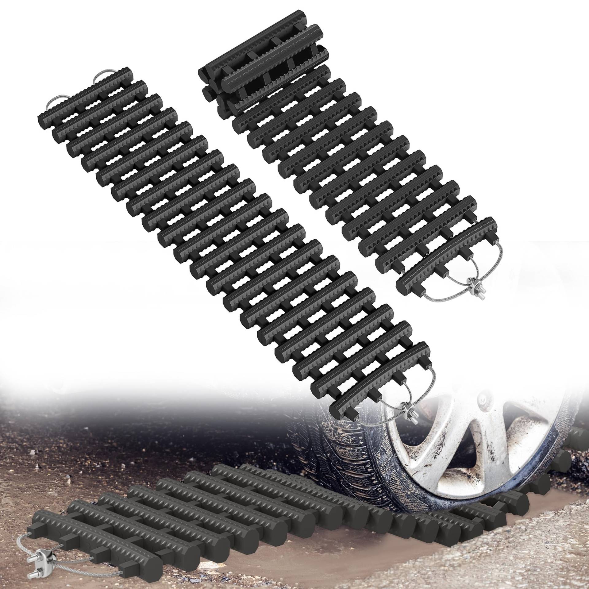 FIVMEN Auto Anfahrhilfe 2er-Set Traktionshilfe Schwerlast aus TPR+Stahl Traktionsmatte Offroad Anfahrmatte Sandblech für Schnee, EIS, Schlamm mit Tragetasche, 100x21x2 cm von FIVMEN