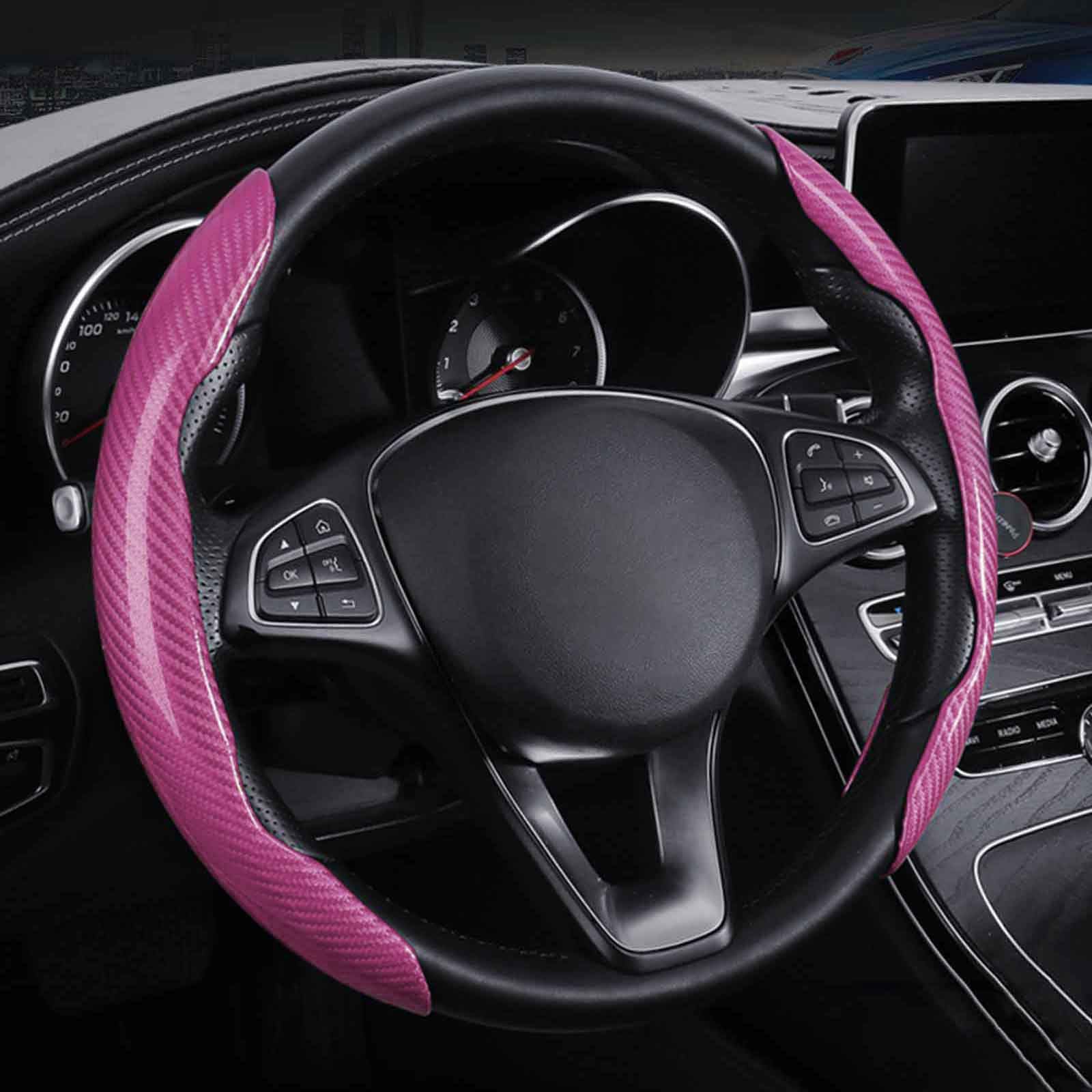 Auto Lenkradbezug für Au-di E-Tron, Kohlefaser Sport Lenkradhülle Elastisches Band Ohne Innenring, Anti Rutsch lenkradschutz Innenraum Zubehör, Pink von FIXCOR