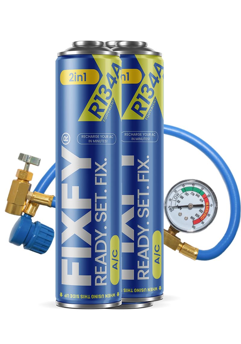 FIXFY 2w1 – Klimaanlagen-Nachfüllset mit Manometer-Schlauch, Gasersatz R134a/R12 inkl. Öl – 2 x Dose 500 ml – Selbstbefüllungskit für Fahrzeuge 1995–2016 von FIXFY