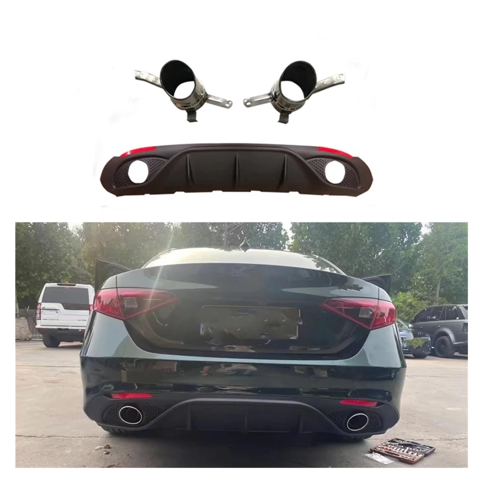 Heckflügel Auto Hinten Bumnper Spoiler Lippe Für Alfa Für Romeo Für Giulia Limousine 4 Tür 2016 2017-2019 2020 Für Quadrifoglio TI Hinten Diffusor Mit Auspuff Heckspoiler(Matt Black) von FIYFIOW