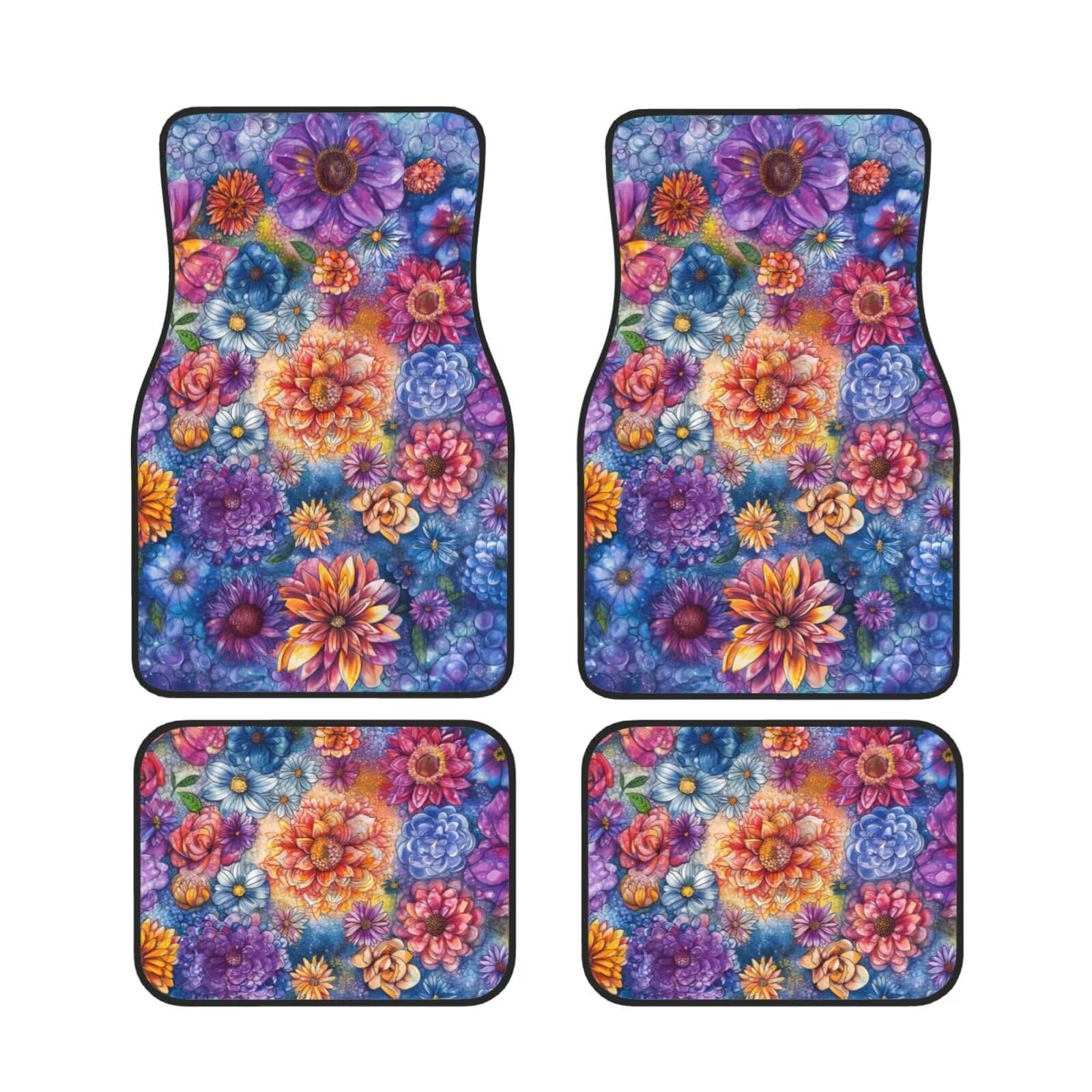 Hippie Pilz Druck Auto Fußmatten für vorne & hinten Niedlicher Teppich Komplettes Set von 4 Auto LKW SUV Fußmatten Grün Blatt Liner Teppich Allwetter Heavy Duty Bodenschutz Floral Daisy von FJAUOQ