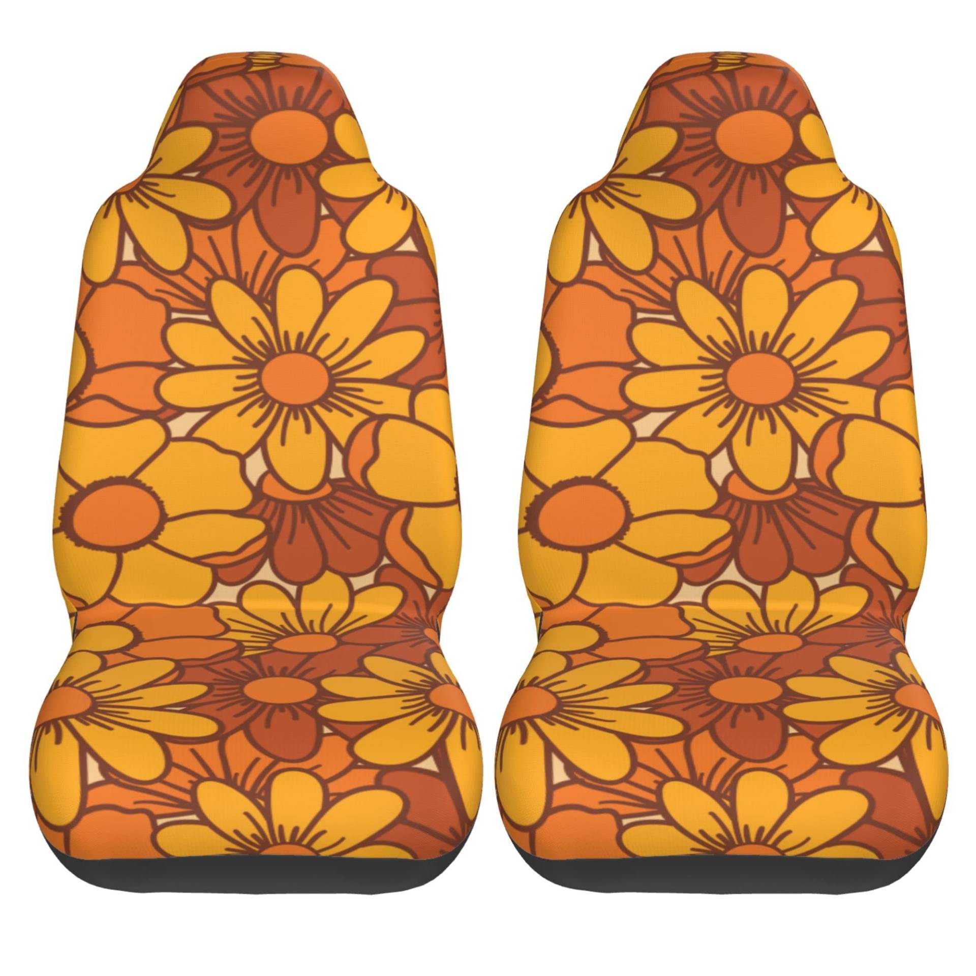 Retro 70er Jahre Orange Floral Auto Sitzbezüge Fahrzeug Vordersitzbezüge Universal Fit Sitzschutz (2 Stück) von FJAUOQ