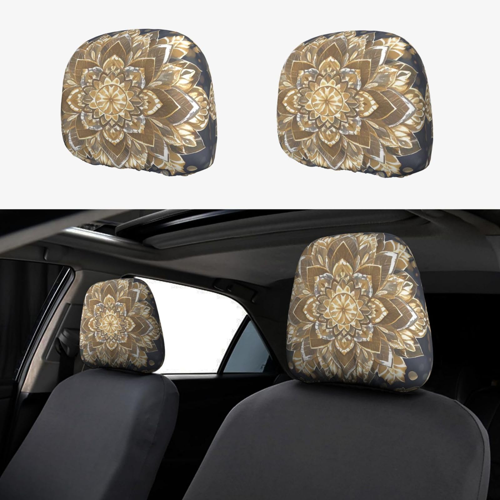 Auto-Kopfstützenbezug, 2 Stück, Kopfstützenbezüge, Boho-Gold-Lotusblumen, Kopfstützenbezüge für Autositze, personalisierte Kopfstützenbezüge für Autositze, universeller Kopfstützenbezug für LKW, SUV, von FJQWKLF