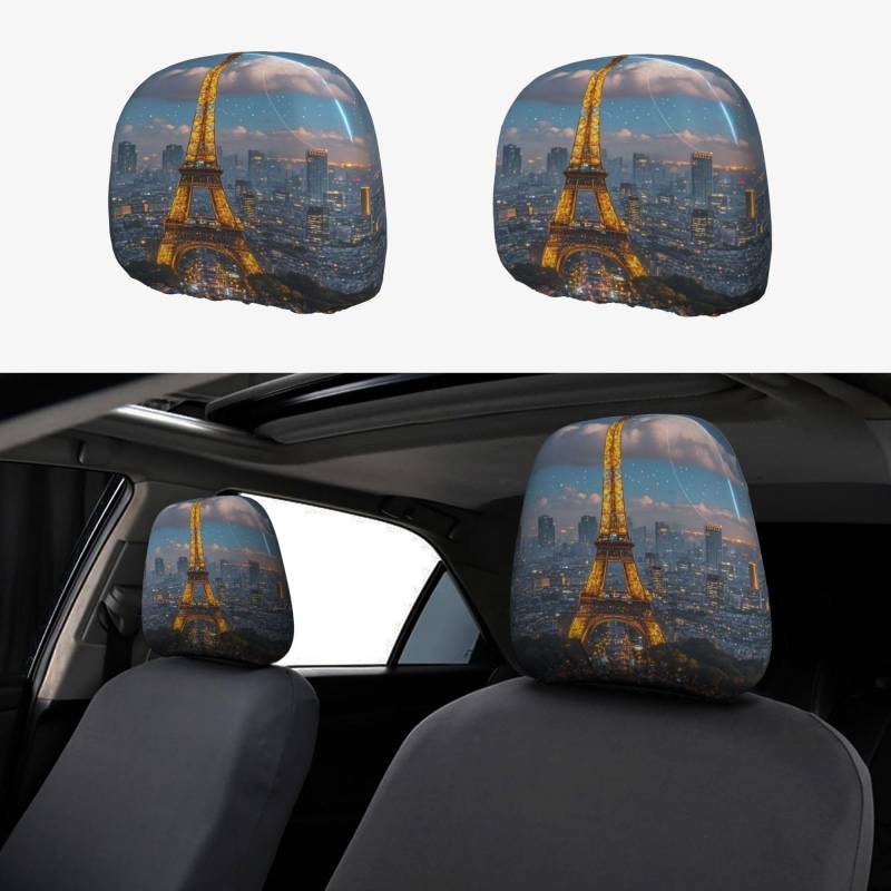 Auto-Kopfstützenbezug, 2 Stück, Kopfstützenbezüge, Nacht, Paris, Eiffelturm, Kopfstützenbezüge für Autositze, personalisierte Kopfstützenbezüge für Autositze, universeller Kopfstützenbezug für LKW, SU von FJQWKLF