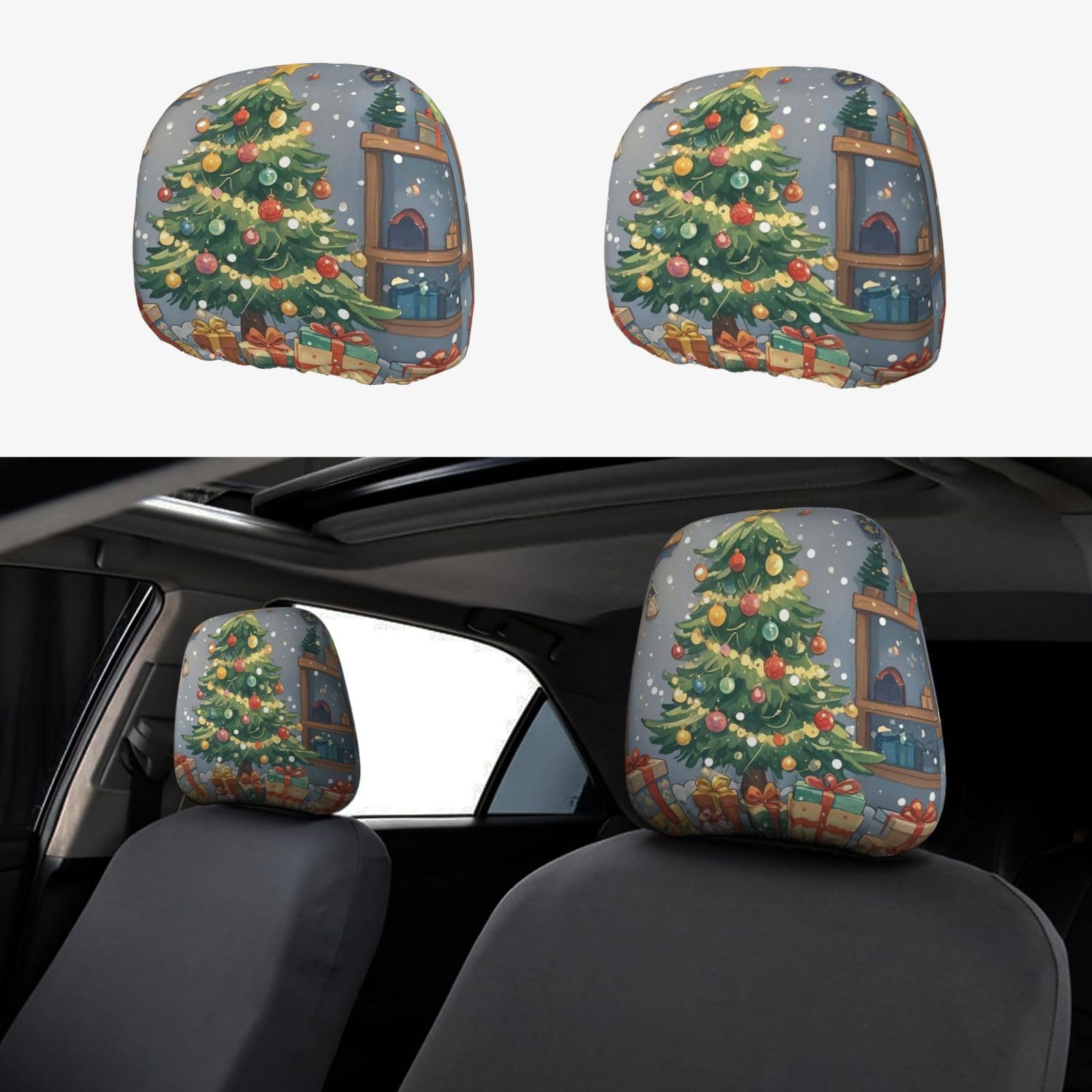 Auto-Kopfstützenbezug, 2 Stück, Kopfstützenbezüge, Weihnachtsbaum und Geschenke, Kopfstützenbezüge für Autositze, personalisierte Kopfstützenbezüge für Autositze, universeller Kopfstützenbezug für LKW von FJQWKLF