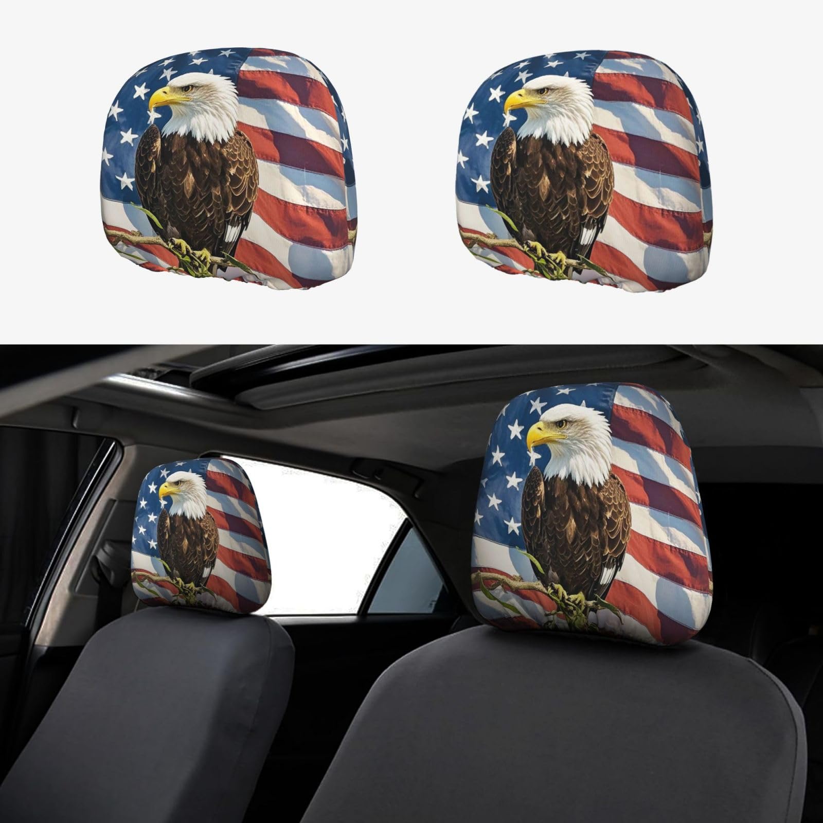 Auto-Kopfstützenbezug, 2 Stück, Kopfstützenbezüge, amerikanische Flagge mit Adler, Autositz-Kopfstützenbezüge, personalisierte Autositz-Kopfstützenbezüge, universeller Kopfstützenbezug für LKW, SUV, d von FJQWKLF