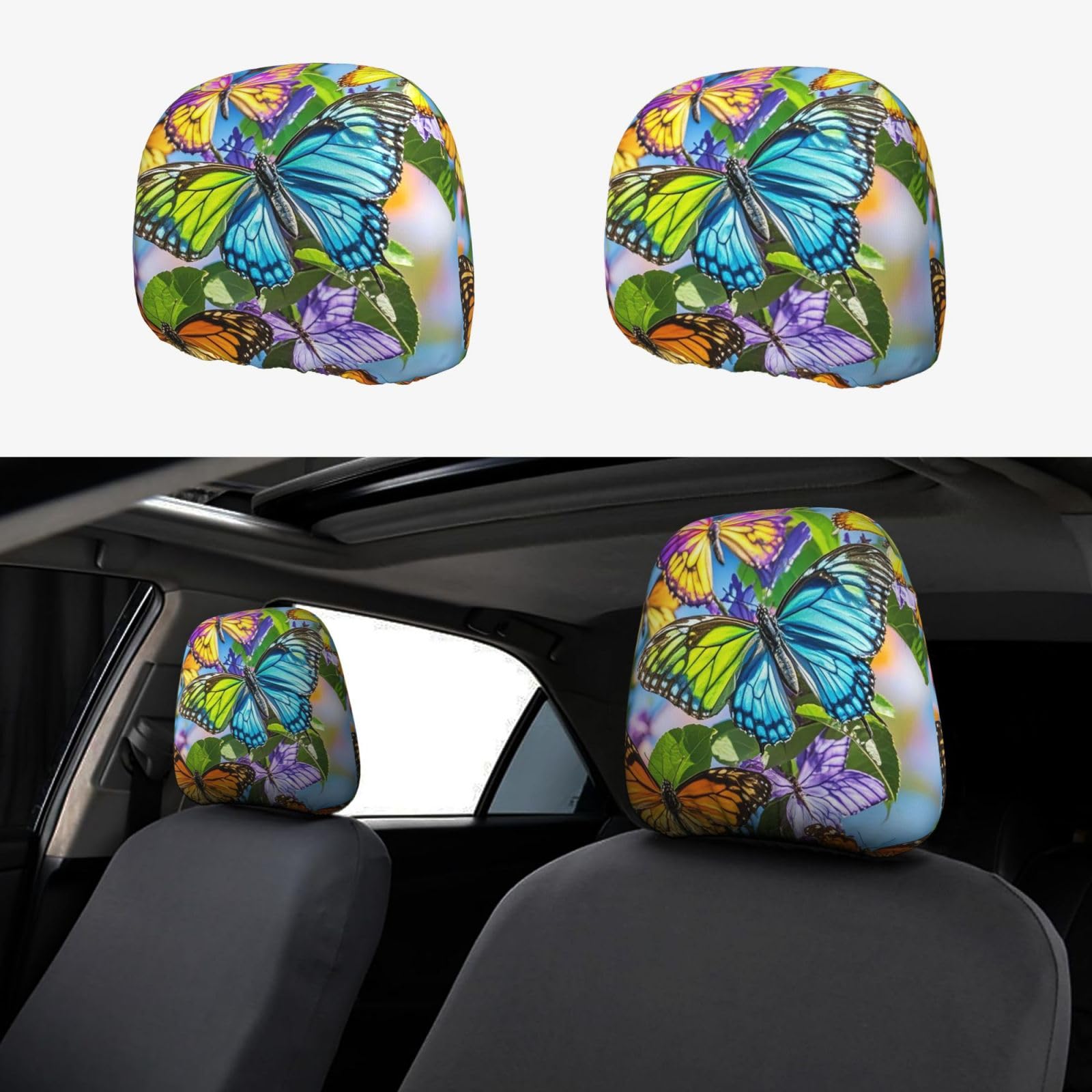 Auto-Kopfstützenbezug, 2 Stück, Kopfstützenbezüge, bunte Schmetterlinge, Kopfstützenbezüge für Autositze, personalisierte Kopfstützenbezüge für Autositze, universeller Kopfstützenbezug für LKW, SUV, d von FJQWKLF