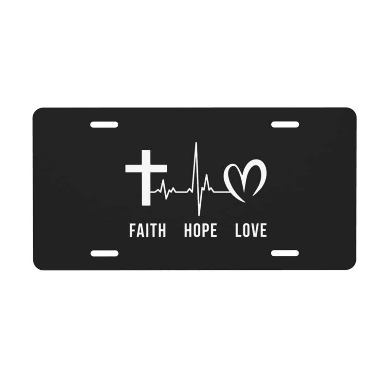 Christliches Nummernschild „Faith Hope Love, 15,2 x 30,5 cm, Autoschild zur Dekoration vorne aus Aluminiummetall für Auto, LKW oder SUV, schwarz von FJQWKLF