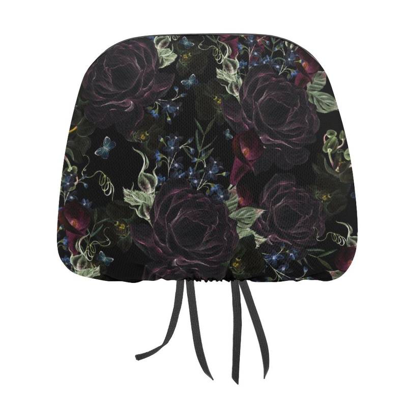 FJQWKLF Kopfstützenbezüge fürs Auto mit Rosen-Blau-Blumen-Muster-Schwarz, neuartiger Aufdruck, universelle dekorative Bezüge, 2er-Pack Kopfstützenbezüge von FJQWKLF