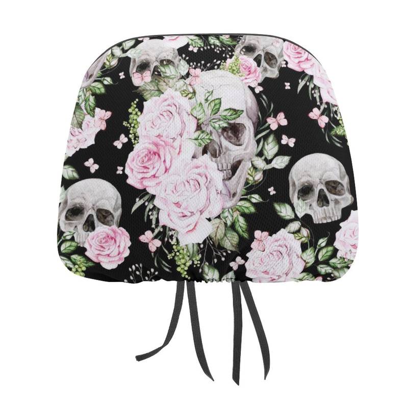 FJQWKLF Kopfstützenbezüge fürs Auto mit Totenkopf-Blumen-Pfingstrosen-Rosen-Muster, neuartiger Aufdruck, universelle dekorative Bezüge, 2er-Pack Kopfstützenbezüge von FJQWKLF