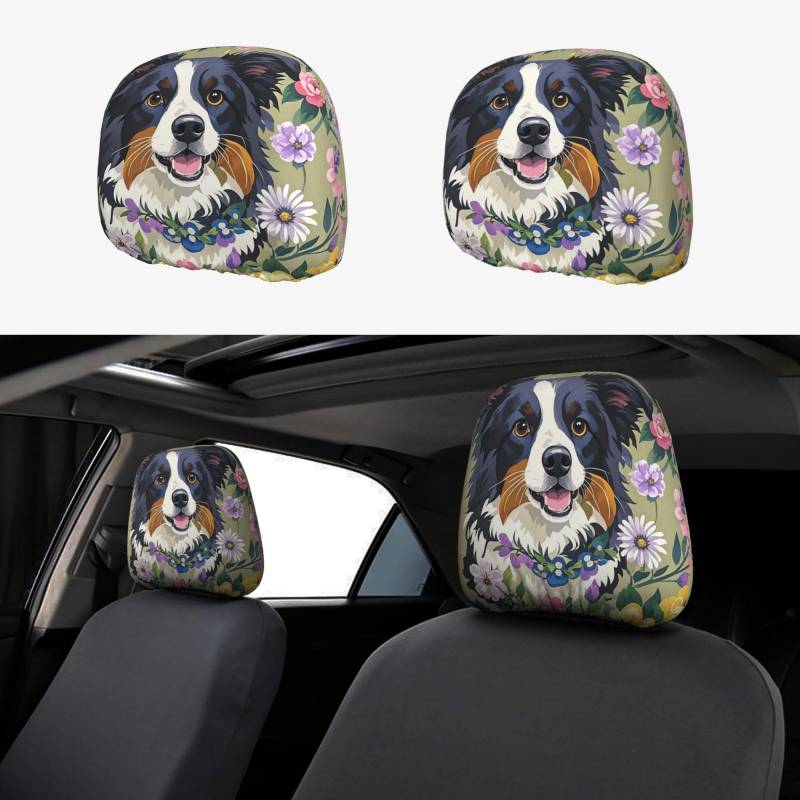 Kopfstützenbezug fürs Auto, 2 Stück, Kopfstützenbezüge, Border-Collie-Blumenmuster, Kopfstützenbezüge für Autositze, personalisierte Kopfstützenbezüge für Autositze, universeller Kopfstützenbezug für von FJQWKLF