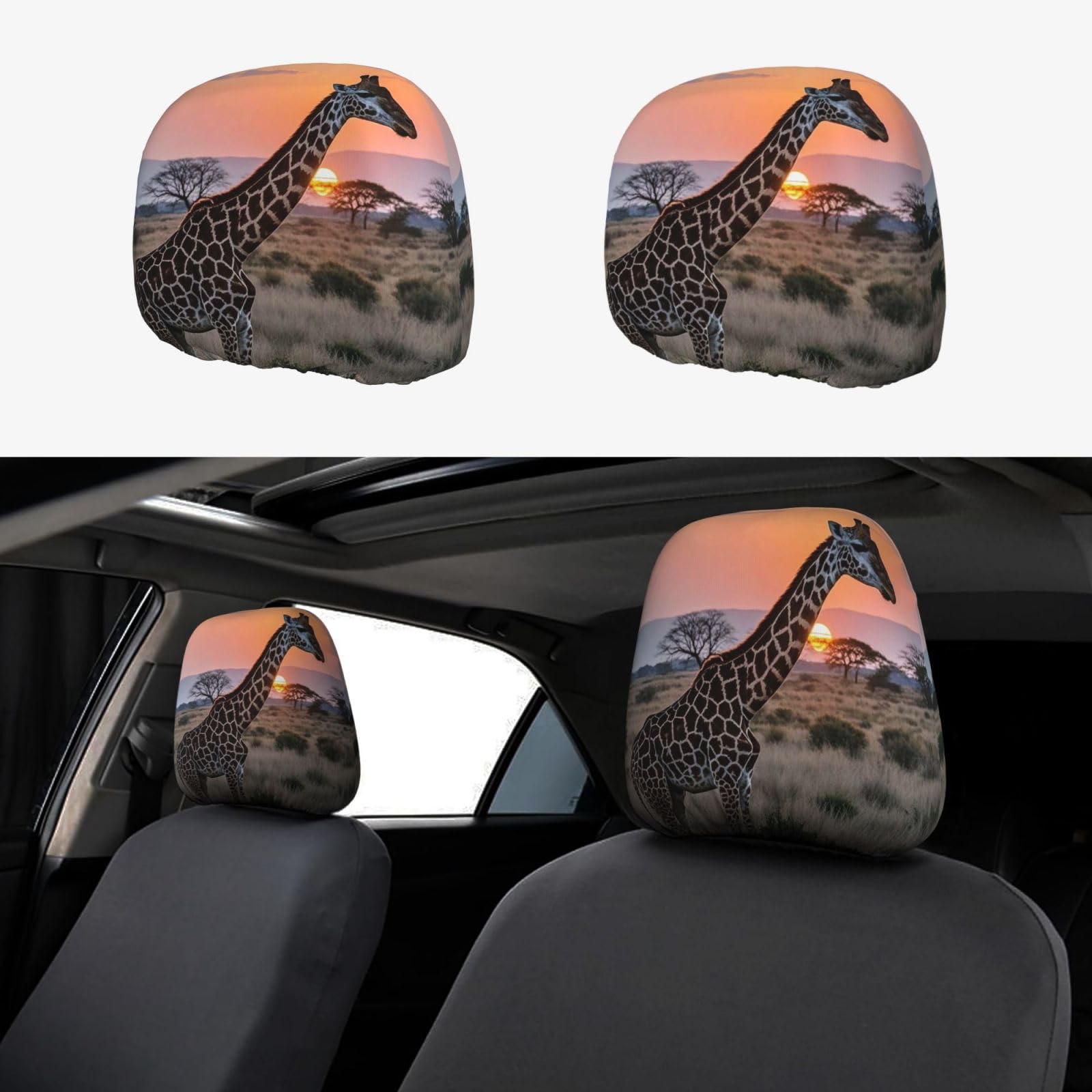 Kopfstützenbezug fürs Auto, 2 Stück, Kopfstützenbezüge, Giraffe bei Sonnenuntergang, Kopfstützenbezüge für Autositze, personalisierte Kopfstützenbezüge für Autositze, universeller Kopfstützenbezug für von FJQWKLF