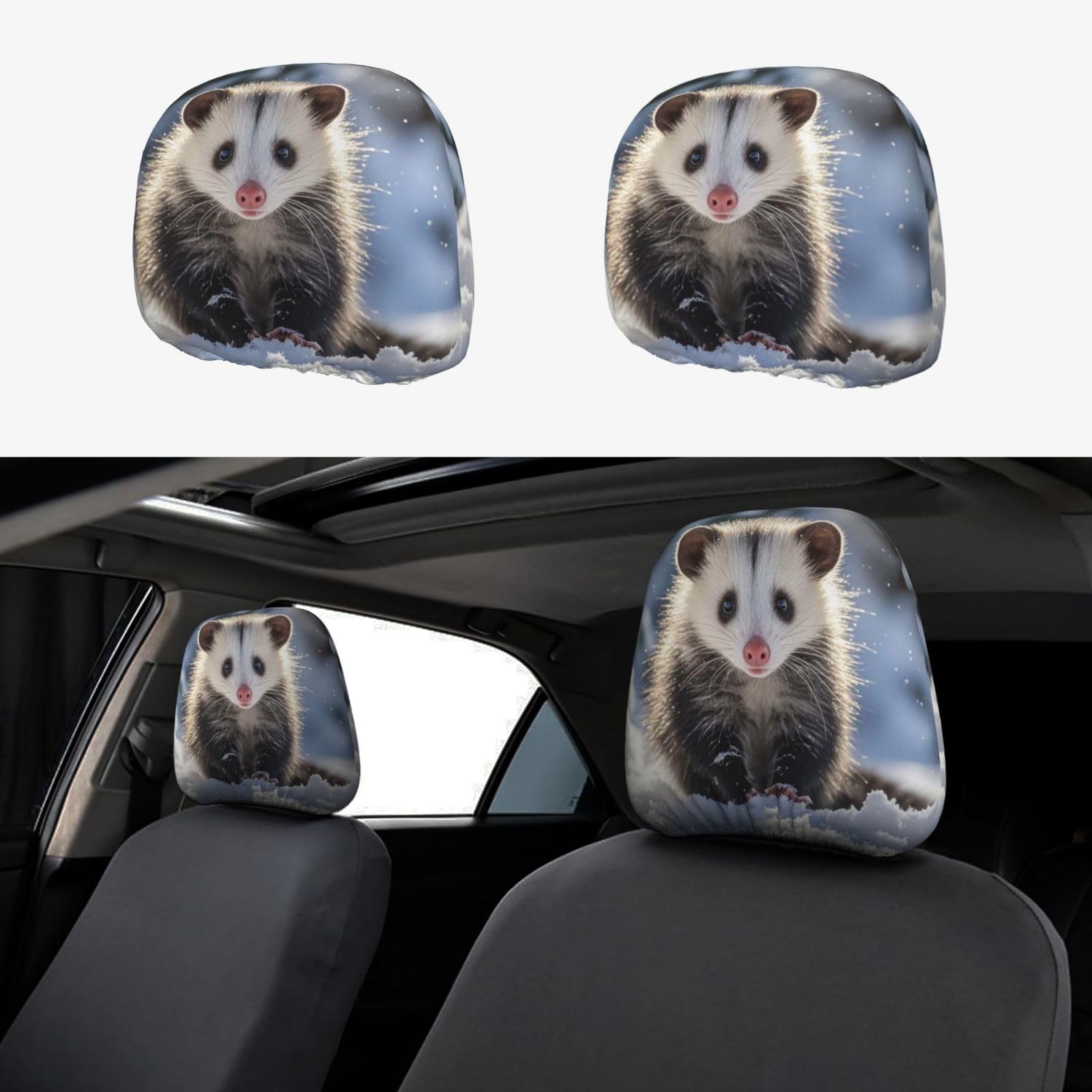 Kopfstützenbezug fürs Auto, 2 Stück, Kopfstützenbezüge, Opossum im Schnee, Kopfstützenbezüge für Autositze, personalisierte Kopfstützenbezüge für Autositze, universeller Kopfstützenbezug für LKW, SUV, von FJQWKLF