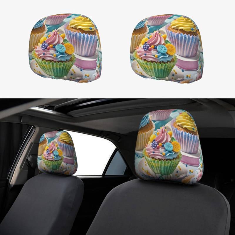 Kopfstützenbezug fürs Auto, 2 Stück, Kopfstützenbezüge, bunte Cupcakes, Kopfstützenbezüge für Autositze, personalisierte Kopfstützenbezüge für Autositze, universeller Kopfstützenbezug für LKW, SUV, di von FJQWKLF