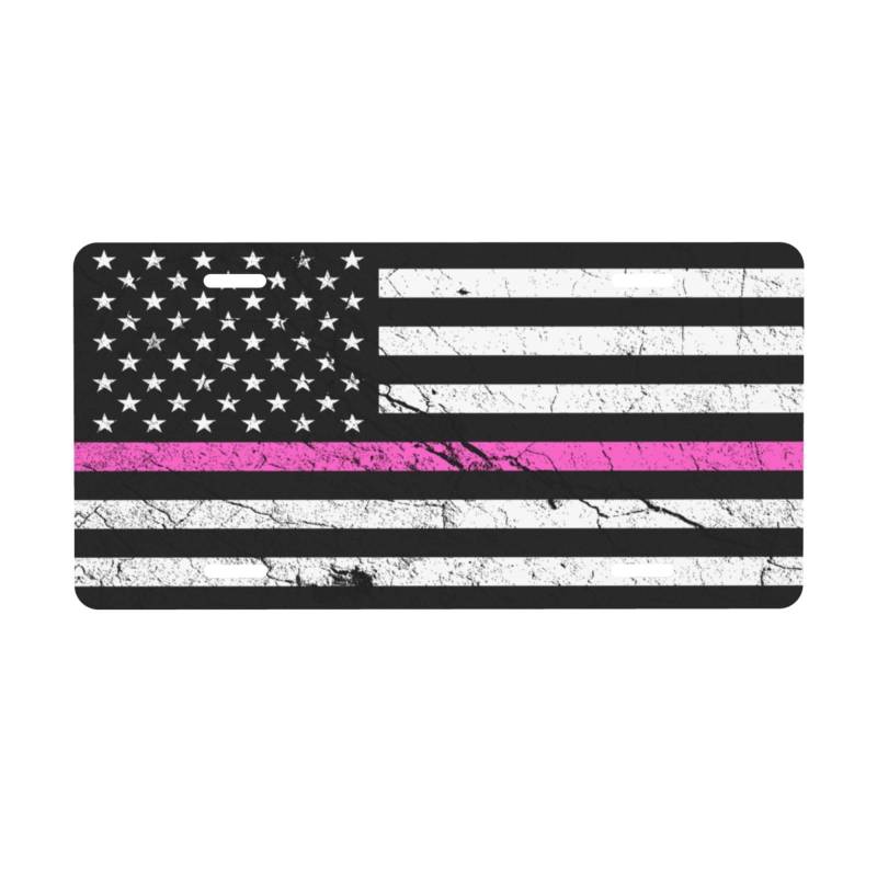 Nummernschild mit dünner rosa Linie der USA-Flagge in Struktureffekt für die Vorderseite des Autos, Nummernschilder, 6 x 12 Zoll, Metall-Autoschilder, Etikett, Vanity-Neuheit, Auto-Dekor-Etikett von FJQWKLF