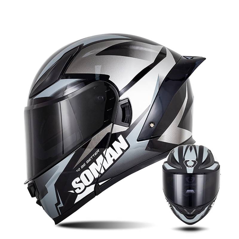 Integralhelm Mit Klappmechanismus Für Motorrad, Modularer Helm, Integriertes Motorrad-Doppelvisier Für Erwachsene, Männer Und Frauen, Moped-Straßenrennen, DOT-Geprüft T,L/{59~60cm} von FKPYVKUJ