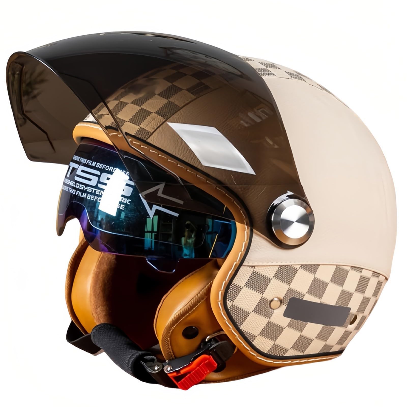 Motorradhelm, Retro 3/4 Open Face Motorrad-Halbhelm Mit Doppelvisier, Für Männer Und Frauen, Roller, ATV, Cruiser-Helm, ECE-Geprüft A,M/{57~58cm} von FKPYVKUJ