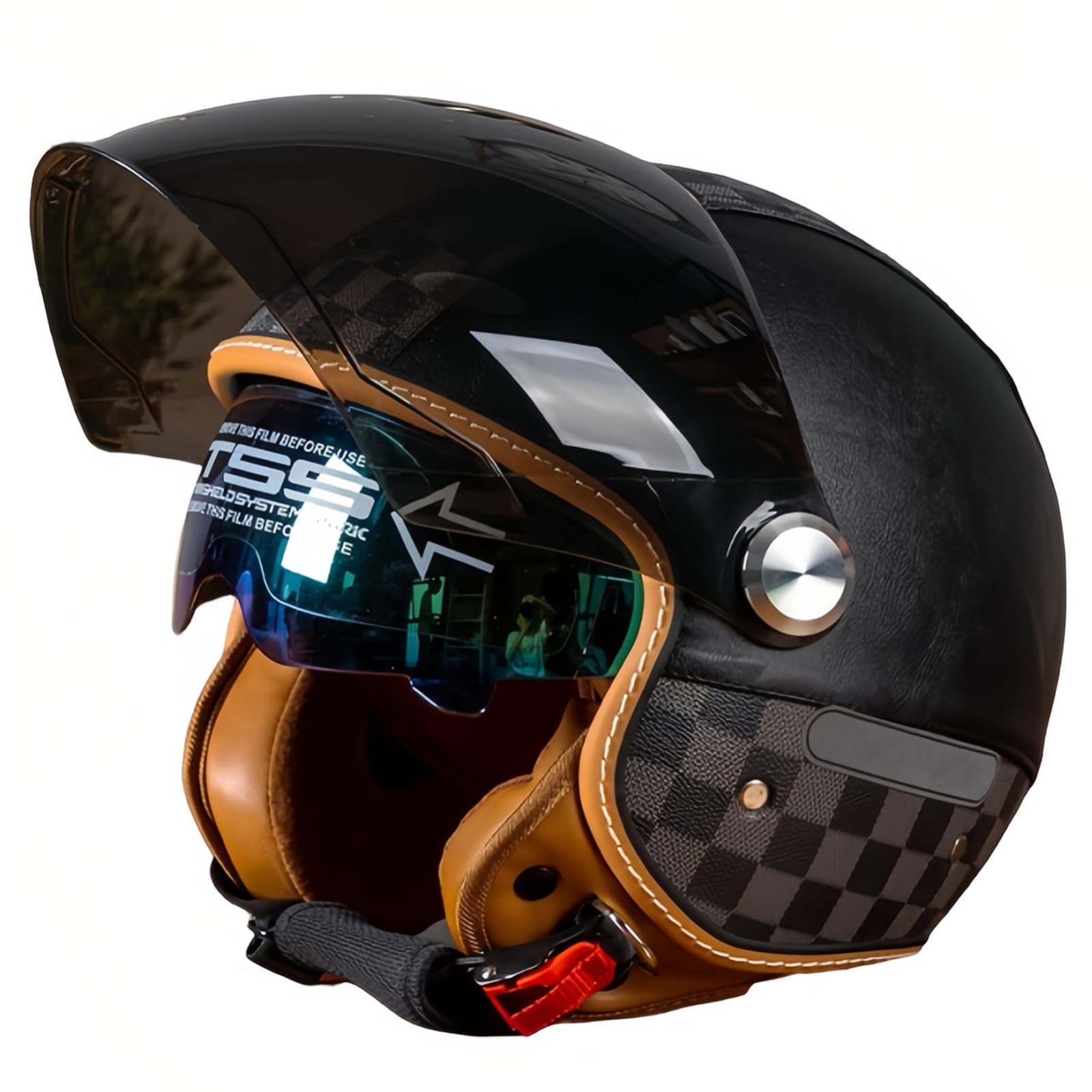 Motorradhelm, Retro 3/4 Open Face Motorrad-Halbhelm Mit Doppelvisier, Für Männer Und Frauen, Roller, ATV, Cruiser-Helm, ECE-Geprüft C,S/(55~56cm) von FKPYVKUJ