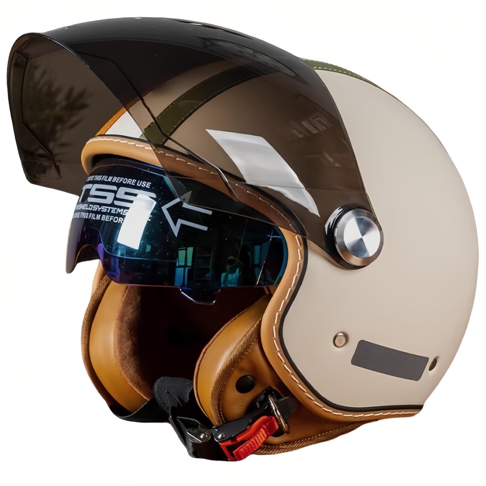 Motorradhelm, Retro 3/4 Open Face Motorrad-Halbhelm Mit Doppelvisier, Für Männer Und Frauen, Roller, ATV, Cruiser-Helm, ECE-Geprüft D,M/{57~58cm} von FKPYVKUJ