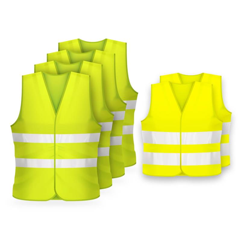 Warnwesten-Set: 4x Erwachsene + 2x Kinder - nach EN ISO 20471 - Auto - KFZ - Sicherheitsweste - Warnschutzweste - Warnweste - gelb - high visibility vest - Erwachsene - Sicherheits Set - EU Norm von FLEXEO