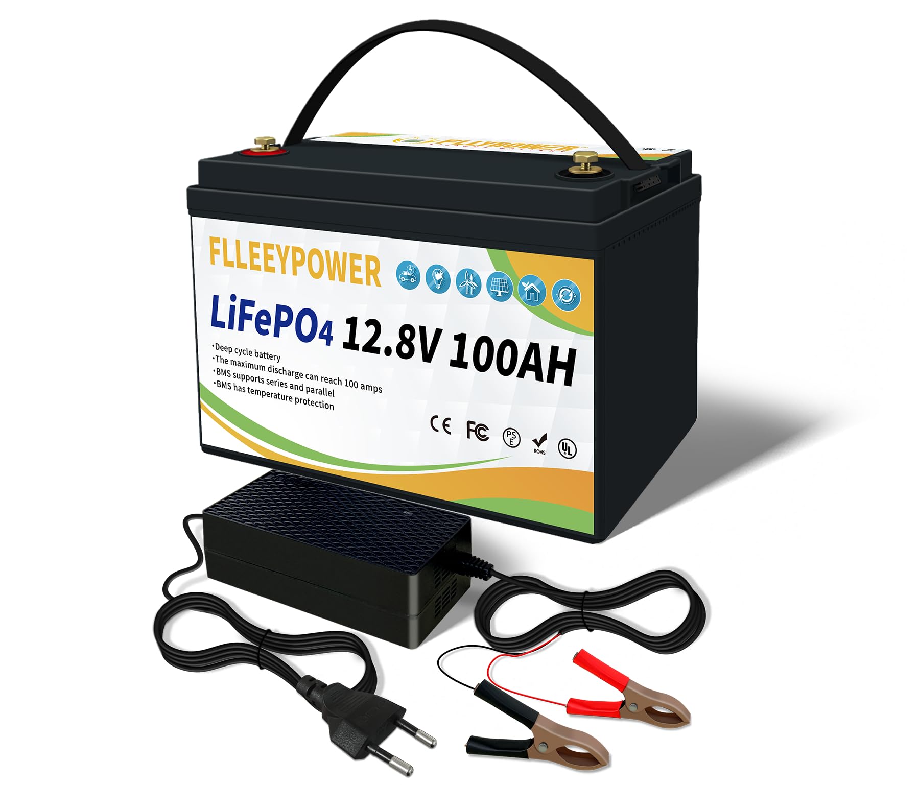 LiFePO4 Batterie 12.8V 100Ah Lithium Akku, wiederaufladbare 4000+ Deep-cycle-batterien mit 100A BMS, für solaranlage wohnmobil,solarspeicher, Camping von FLLEEYPOWER