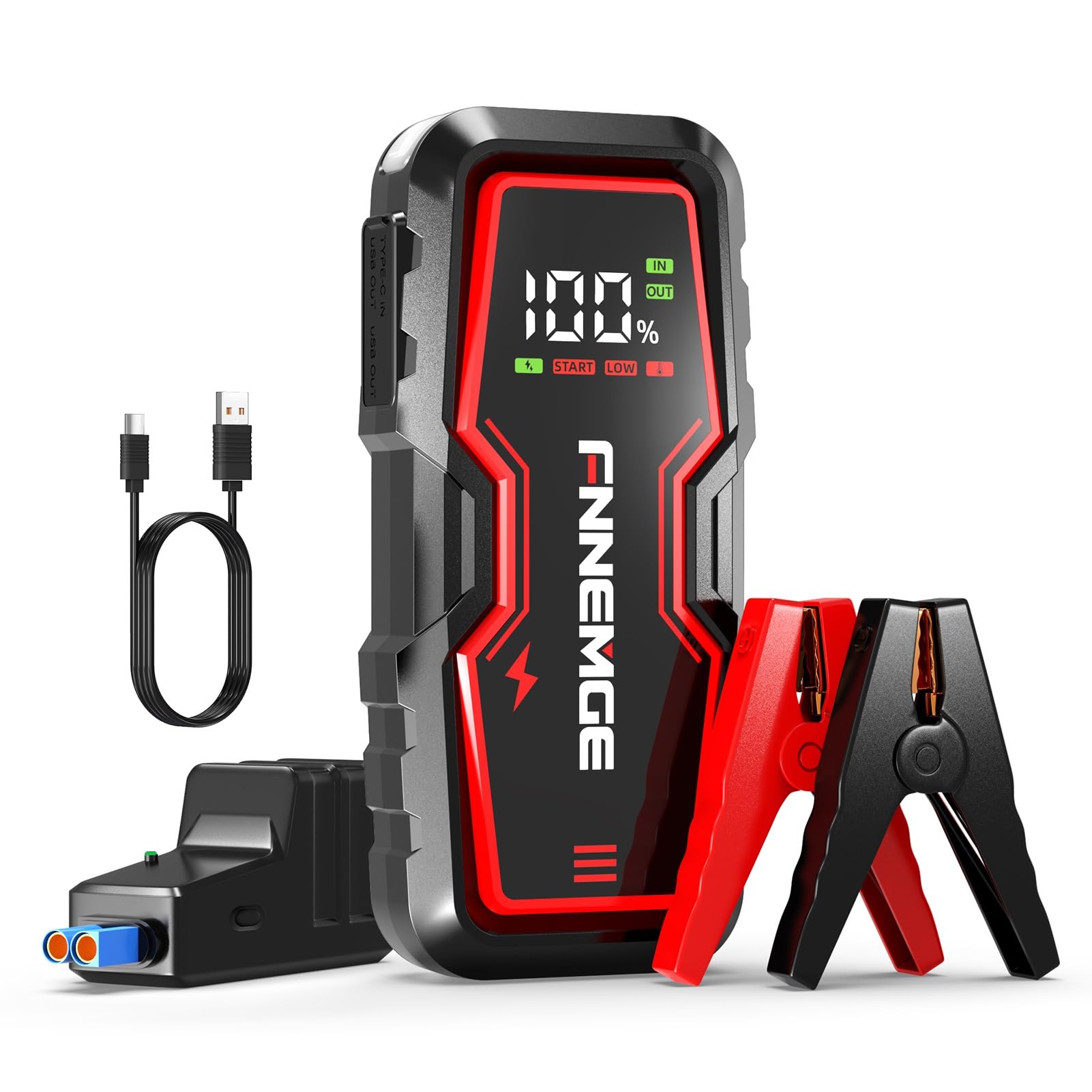 FNNEMGE Auto Starthilfe Powerbank, 4000A Spitzenstrom, geeignet für 12V Auto-Batterien (bis zu 8,0L Benzin- und 6,5L Diesel-Motoren), mit USB-Ladeausgang, LED-Licht und HD-Großbildschirm von FNNEMGE