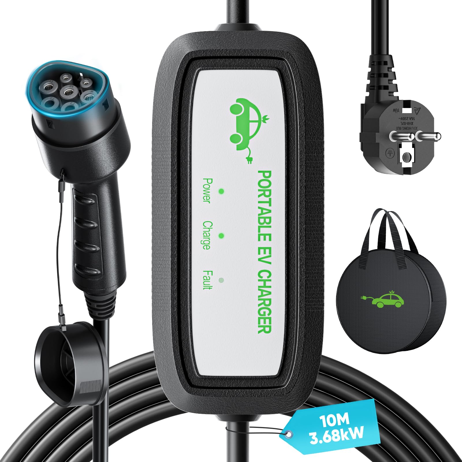 FNRIDS Ladekabel Elektroauto Typ 2 Schuko,10M EV Ladegerät Typ 2 Ladekabel Schuko 3.6KW schnell,tragbar 16A Elektroauto-Ladegeräte mit LED-Kontrollleuchte,Ladekabel Typ 2 Schuko,mit Tragetasche von FNRIDS