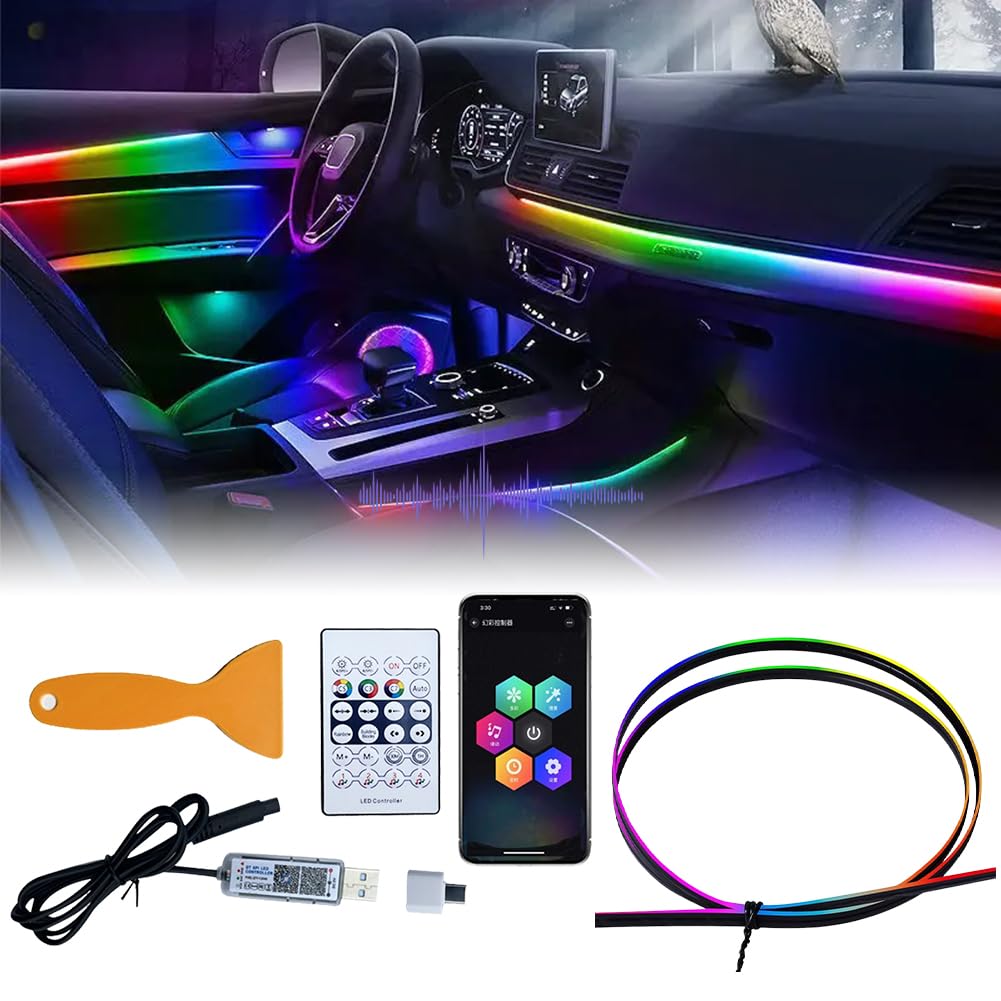 FOGARI Acryl Auto LED Innenbeleuchtung,RGB Ambientebeleuchtung Auto 110cm, Led Strip Auto mit APP、Tastensteuerung,Innenraum Atmosphärenlicht USB-Neonlicht Musiklichtleiste von FOGARI