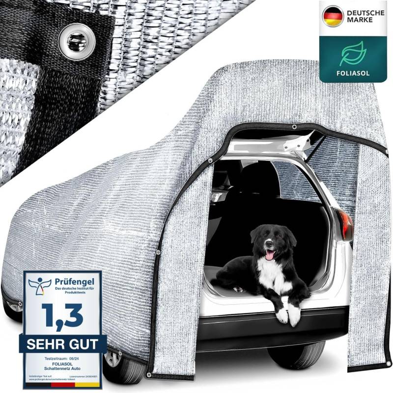 FOLIASOL® Schattennetz Auto 3x4 m | Alunetz Hund mit Ösen 80% UV | Alu Sonnenschutz für Camping & Urlaub | Sonnenschutznetz mit Befestigung | Hitzeschutz Aluminium luftdurchlässig von FOLIASOL