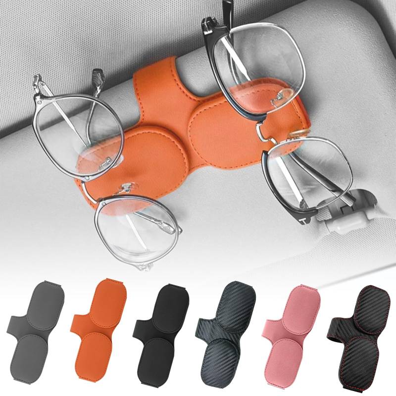 FONWUJIOT Brillenhalter für Auto Sonnenblende, Doppelschichtiger Sonnenbrillenhalter Auto, Magnetisch Sonnenbrillenhalter Auto, Universal Leder Brillenhalter für Auto Zubehör Innenraum (Orange) von FONWUJIOT