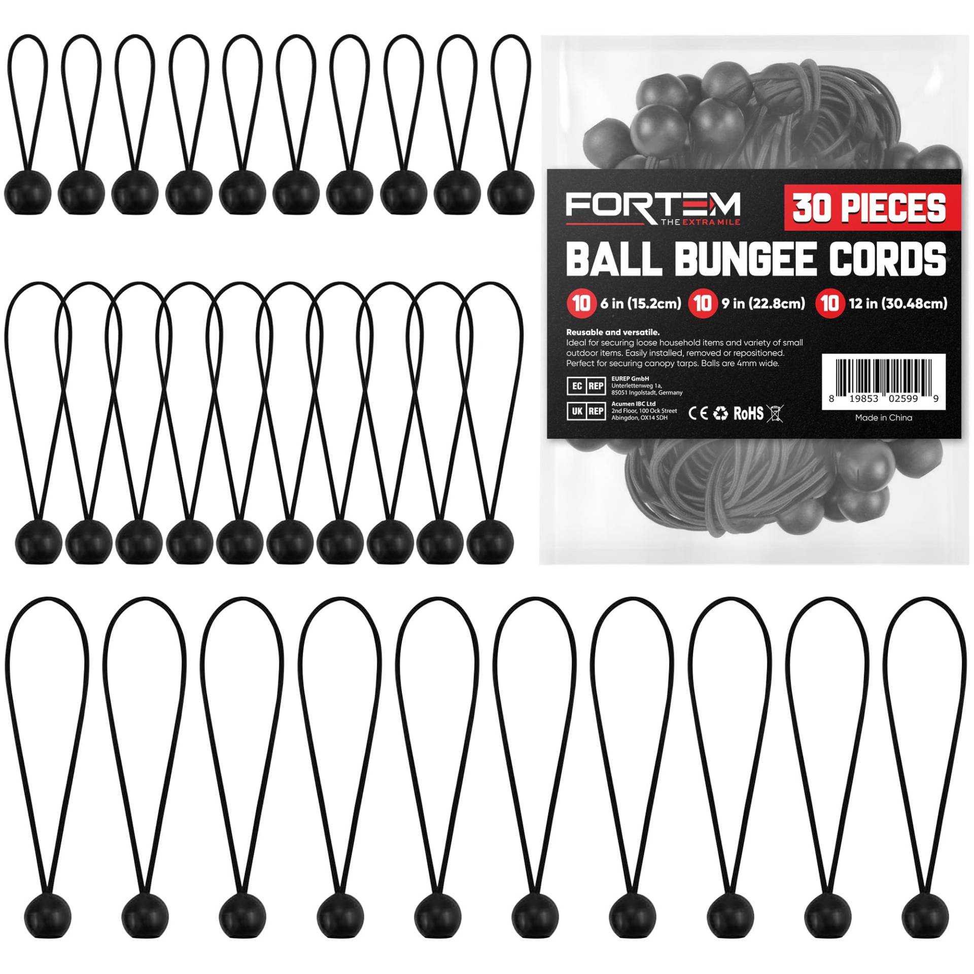 FORTEM Ball-Spanngurte-Sortiment, 30 Stück, robuste Baldachin-Planenbinder, 15,2 cm, 22,9 cm, 30,5 cm Bungee-Bälle für Camping, Unterstand, Ladung, Zeltstangen, UV-beständig von FORTEM