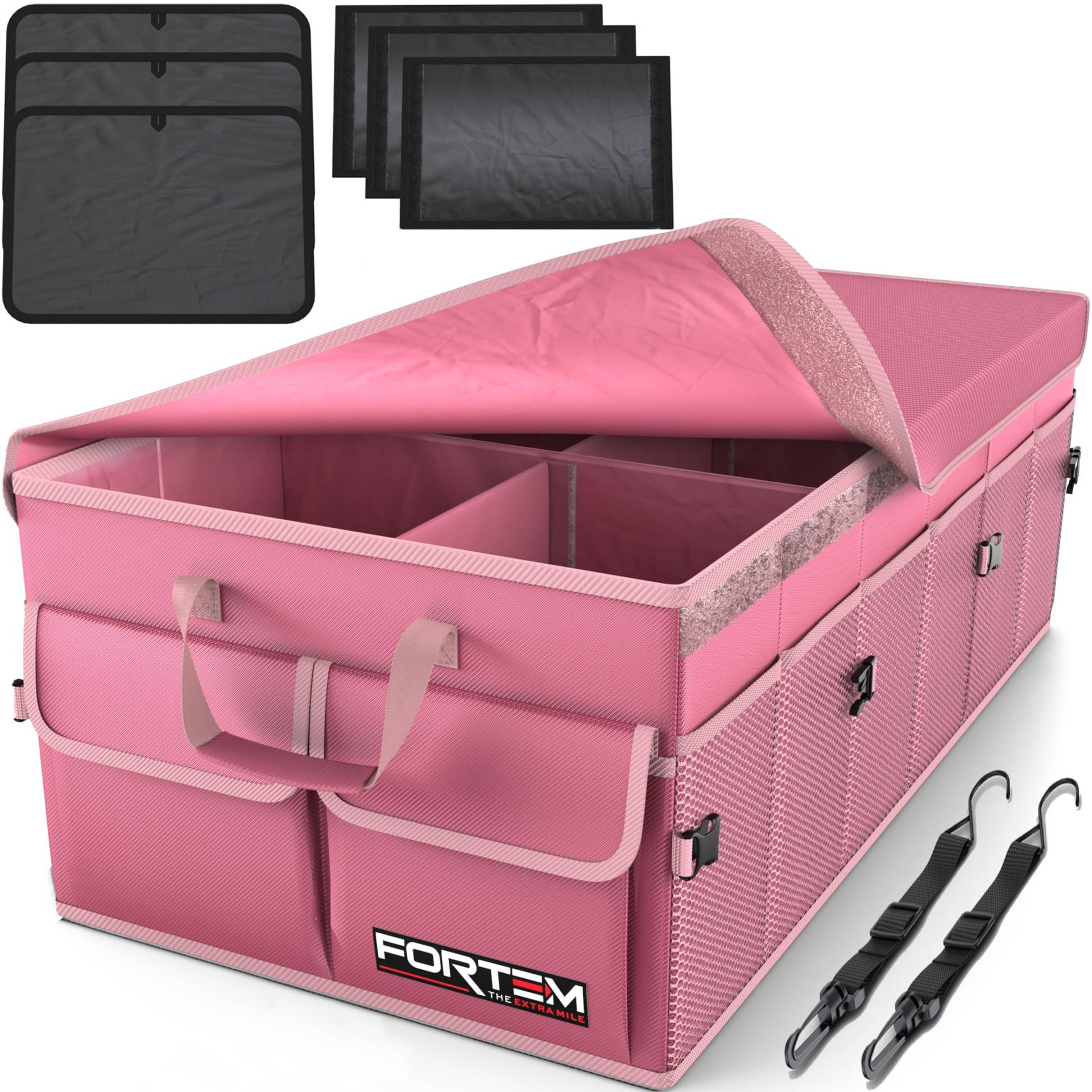 FORTEM Kofferraum Organizer, Kofferraumtasche, Zusammenklappbarer Auto Organizer Kofferraum mit Fächern, Rutschfester Boden, Verstellbare Sicherungsriemen, Klappbarer Deckel (Rosa, Größe XL) von FORTEM