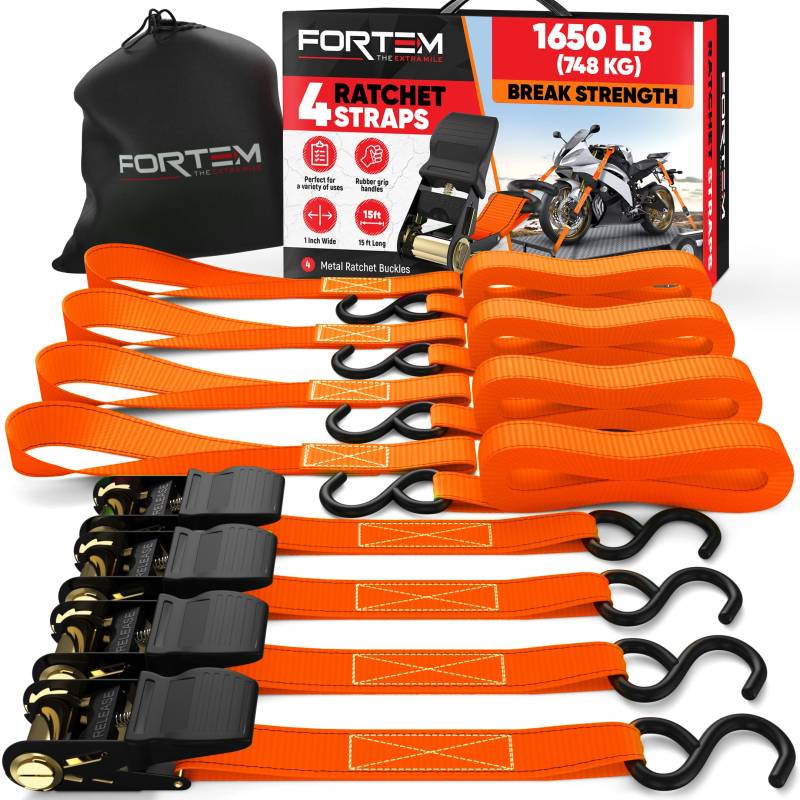 FORTEM Spanngurte, 748 kg Bruchfestigkeit, 4 x 4,57 m Spanngurte mit Ratsche - 4 Weiche Zurrschlaufen, Zurrgurte Spanngurte mit Haken aus Beschichtetem Metall - Gummigriffe - Tasche (Orange) von FORTEM