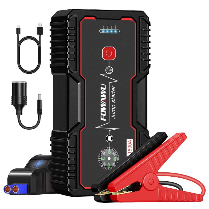 FOWAWU Starthilfe Powerbank 1500A 18000mAh 12V Tragbarer Motorrad Auto Starthilfe (Motoren Bis zu 7.0L Benzin oder 5.5L Diesel)Starthilfegerät Autobatterie starthilfe mit LED Taschenlampe/USBLadegerät von FOWAWU