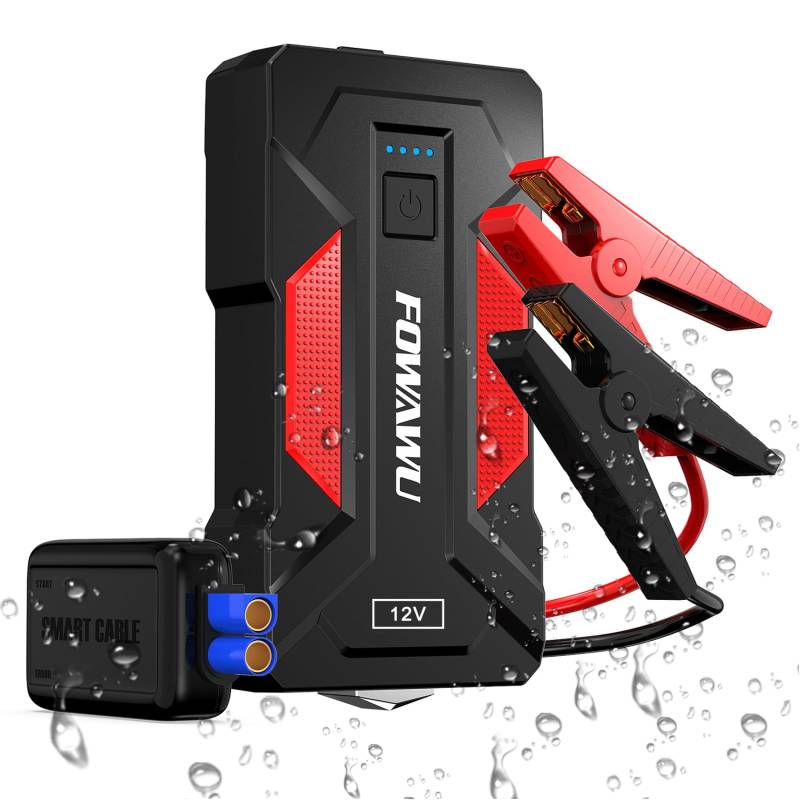 FOWAWU Auto Starthilfe Powerbank 4000 A, Booster Auto Starthilfe für 9 L Benzin und 7 L Diesel mit LED Taschenlampe, 2 Schnelllade USB 3,0 Ausgänge, Sicherheitshammer von FOWAWU