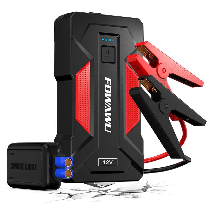 FOWAWU Auto Starthilfe Powerbank 22800mAh 3000 A, Booster Auto Starthilfe für 8,5 L Benzin und 6,5 L Diesel mit LED Taschenlampe, 2 Schnelllade USB 3,0 Ausgänge, Sicherheitshammer von FOWAWU