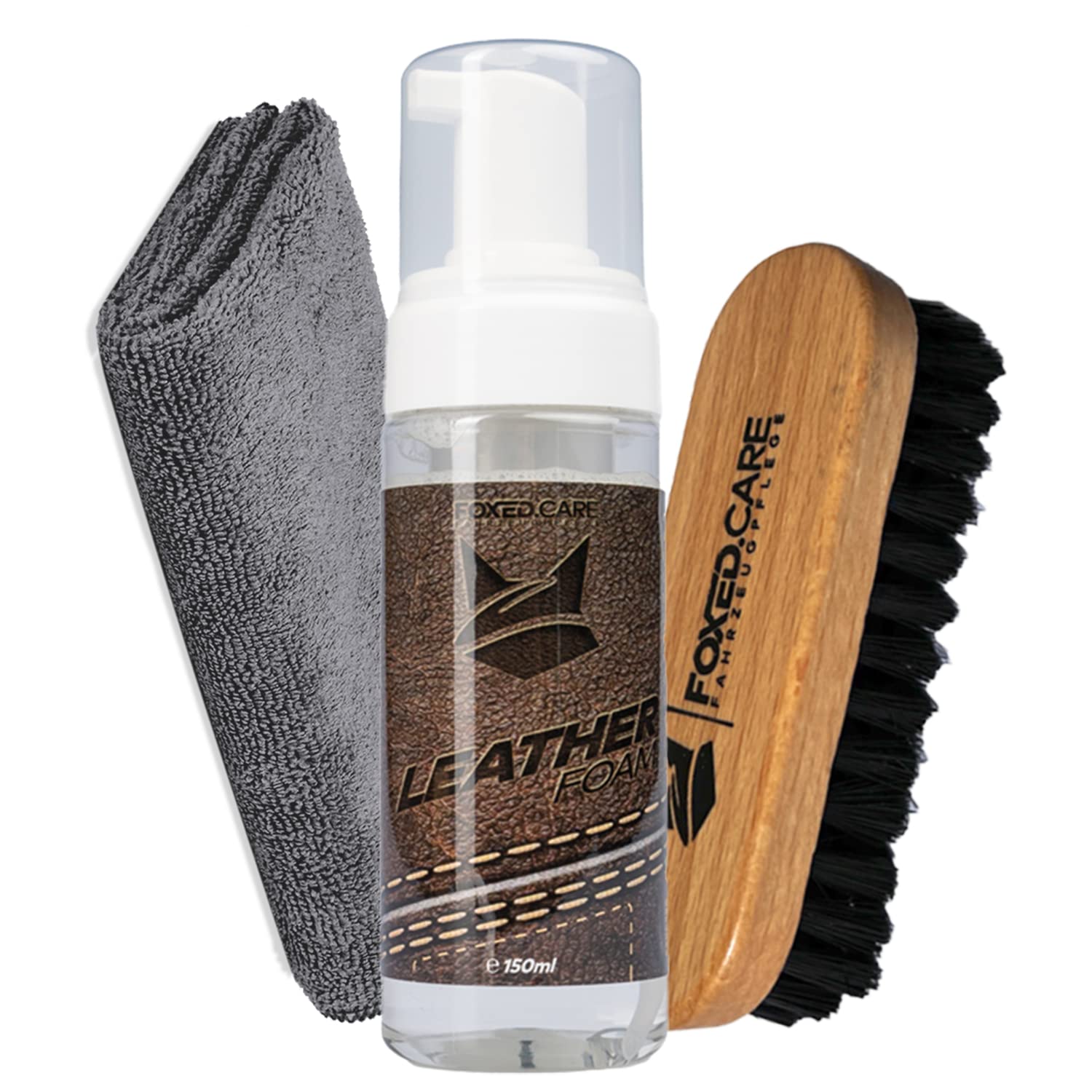 FOXED Care Lederreinigung Bundle - Leather Foam,Lederreiniger 0,15L - Leather Brush, Lederbürste - Mikrofasertuch für Innenreinigung von FOXED