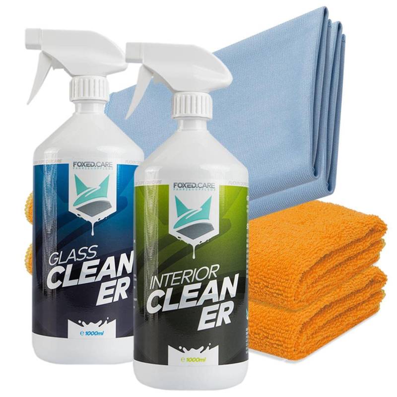 Foxed Care Auto Innenraum Reinigungs Bundle - FoxedCare Interior Cleaner Innenraumreiniger 1L + Glass Cleaner Glasreiniger + 2x Premium Mikrofasertuch 320GSM + 2x Glastuch 270GSM von FOXED